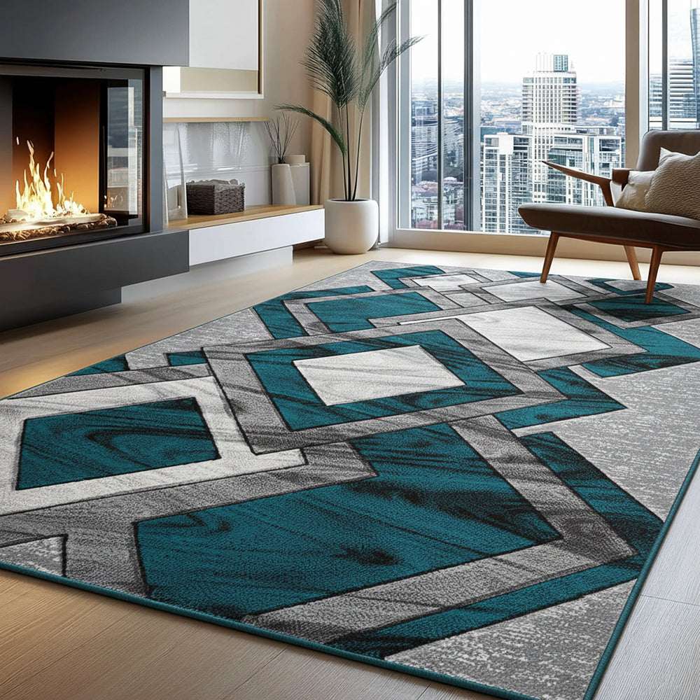 Non Slip Hallway Runner Rug UK | Long Kitchen Carpet Runner Mat | Design 0099 50 x 80 cm Teal - Dazzling Diamond Rug