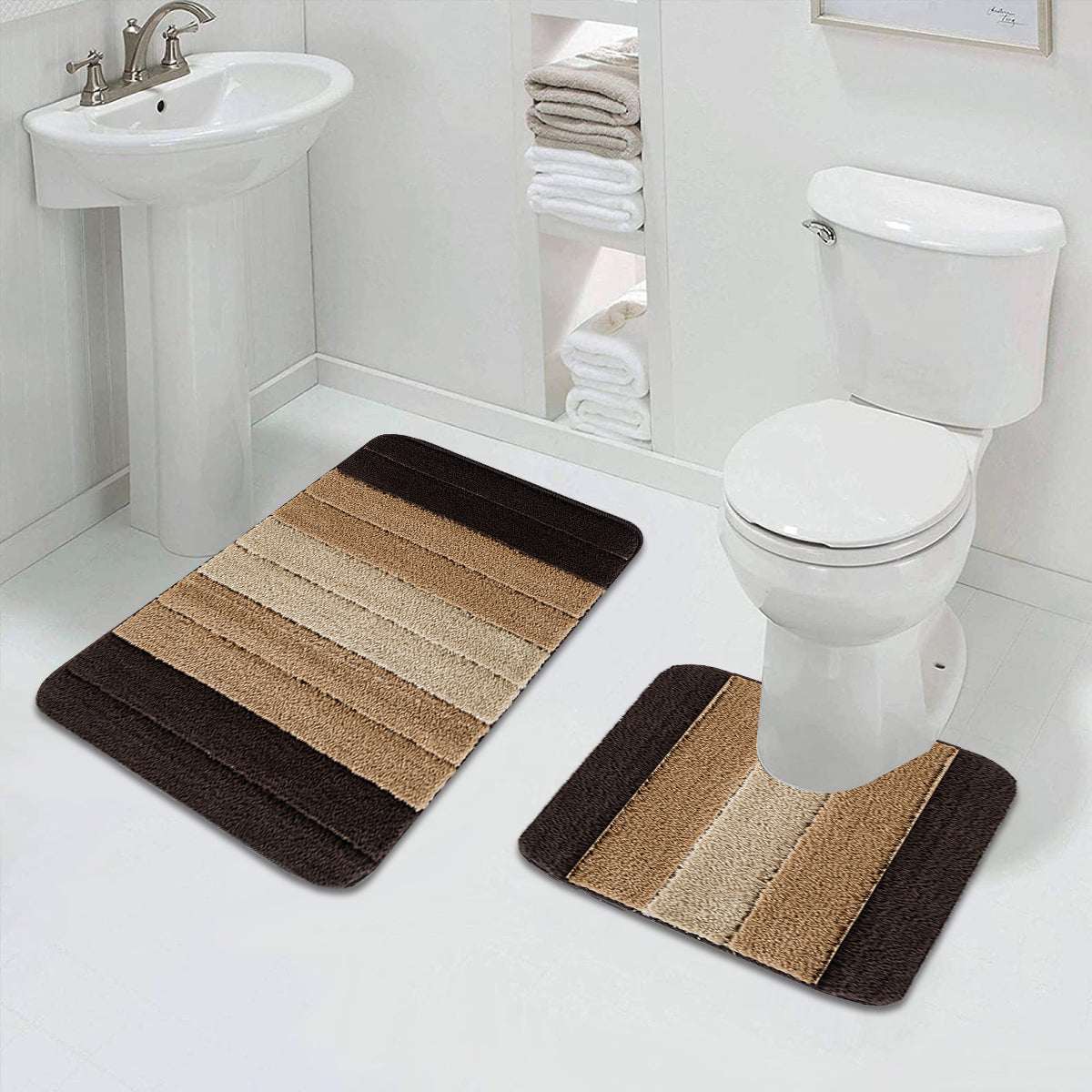 Non Slip Bath Mat UK | Soft Water Absorbent Bathroom Rug | Design 0076 50 x 60 cm (Pedestal Mat) Green - Stripe Gel Back Mat