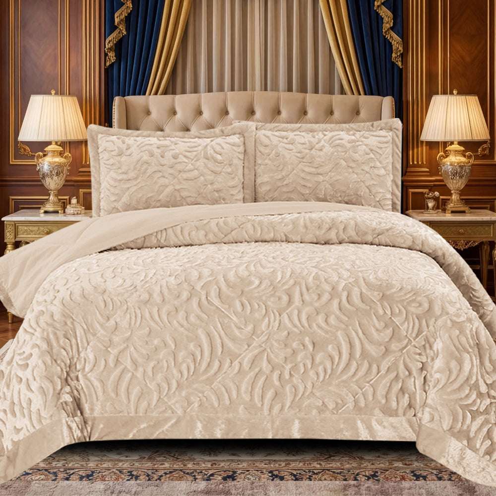 Luxury Embossed Bedspread UK | Bedding Throw for Double King Super King | Design 0089 Double Beige - Teddy Fleece Bedspread