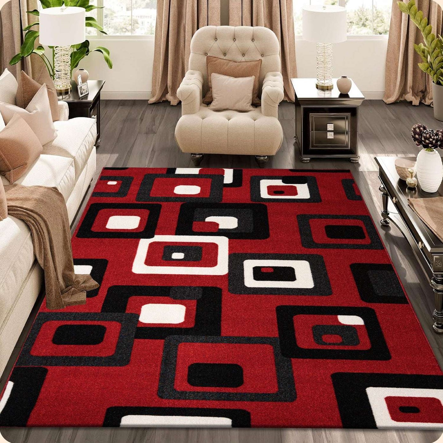 Non Slip Rubber Door Mat UK | Indoor Outdoor Heavy Duty Entrance Mat | Design 0066 50 x 80 cm (1 ft 8 in x 2 ft 7 in) Red Black - Revive