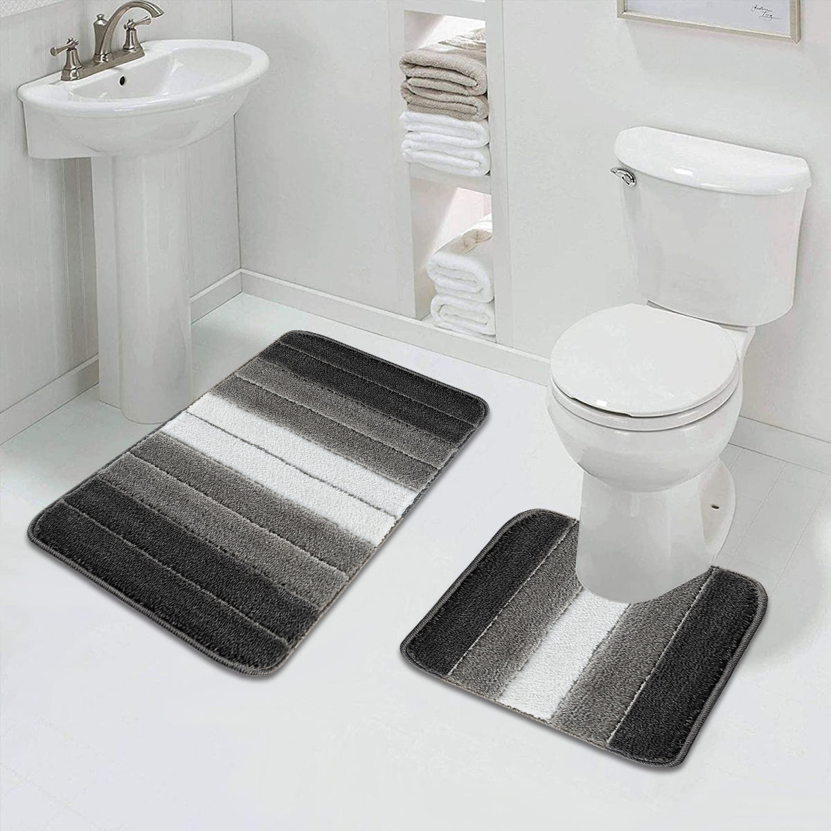 Non Slip Bath Mat UK | Soft Water Absorbent Bathroom Rug | Design 0076 60 x 110 cm (2 ft x 3 ft 7 in) Black - Stripe Gel Back Mat
