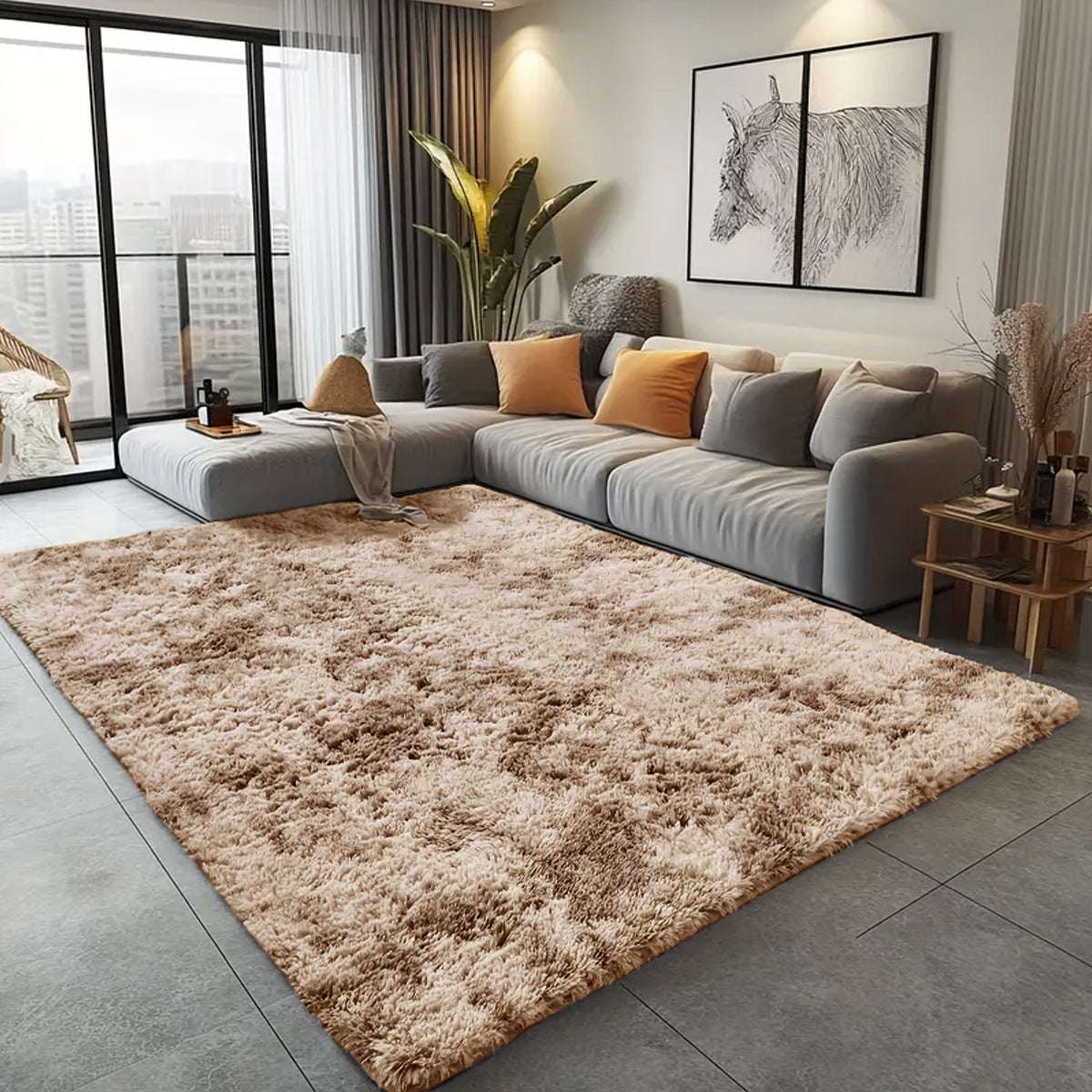 Non Slip Hallway Runner Rug UK | Long Kitchen Carpet Runner Mat | Design 0120 50 x 80 cm Beige - Tye Dye Shaggy Rug