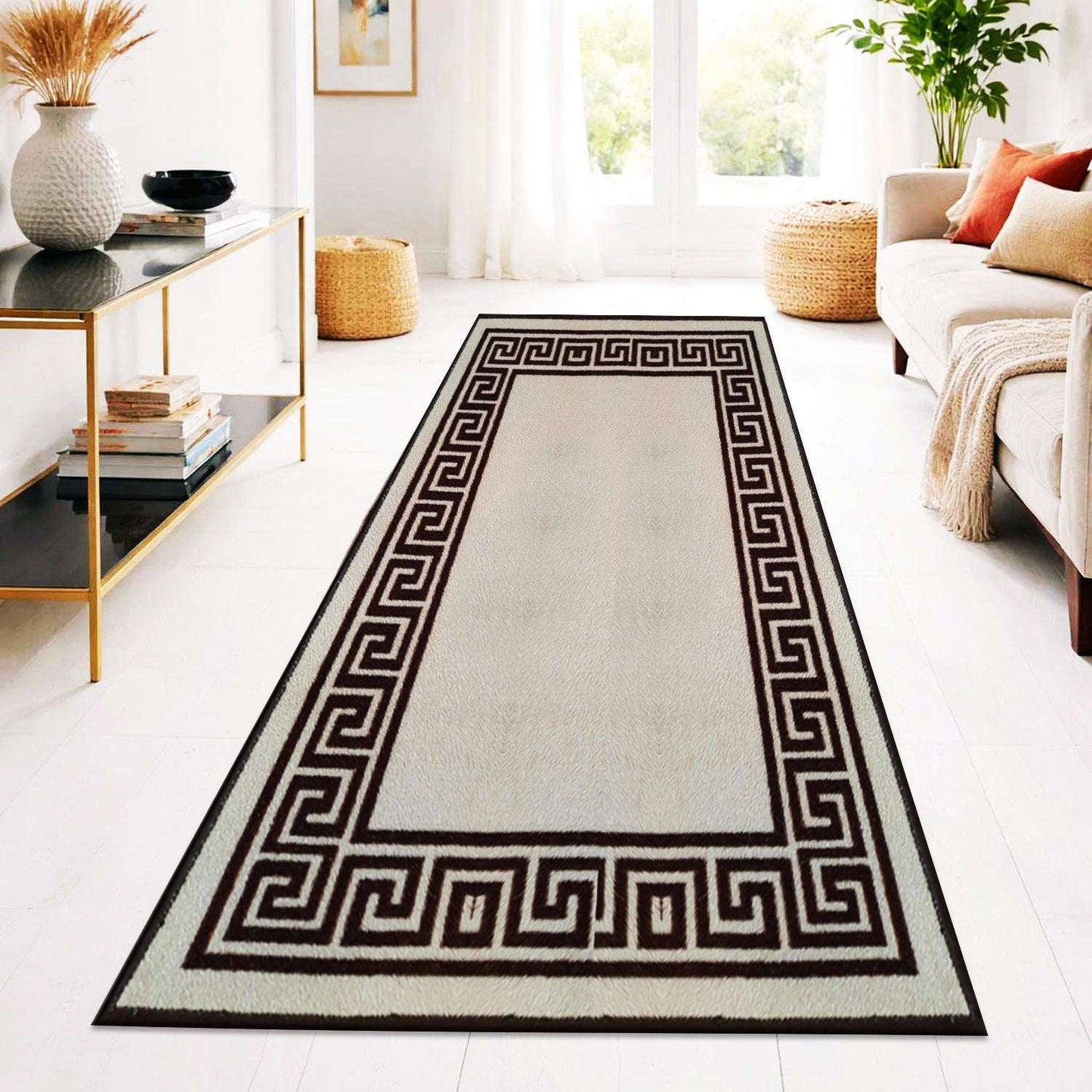 Non Slip Rubber Door Mat UK | Indoor Outdoor Heavy Duty Entrance Mat | Design 0071 40 x 60 cm (1 ft 3 in x 2 ft) Beige Black - Greekey