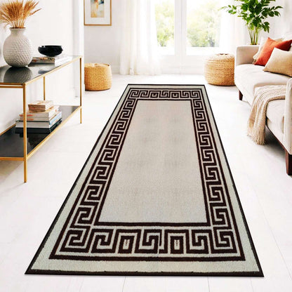 Non Slip Rubber Door Mat UK | Indoor Outdoor Heavy Duty Entrance Mat | Design 0071 40 x 60 cm (1 ft 3 in x 2 ft) Beige Black - Greekey
