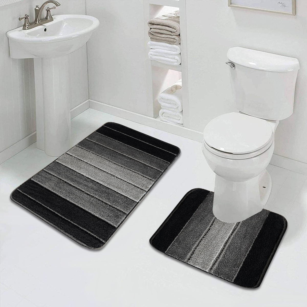 Non Slip Bath Mat UK | Soft Water Absorbent Bathroom Rug | Design 0076 60 x 110 cm (2 ft x 3 ft 7 in) Grey - Stripe Gel Back Mat
