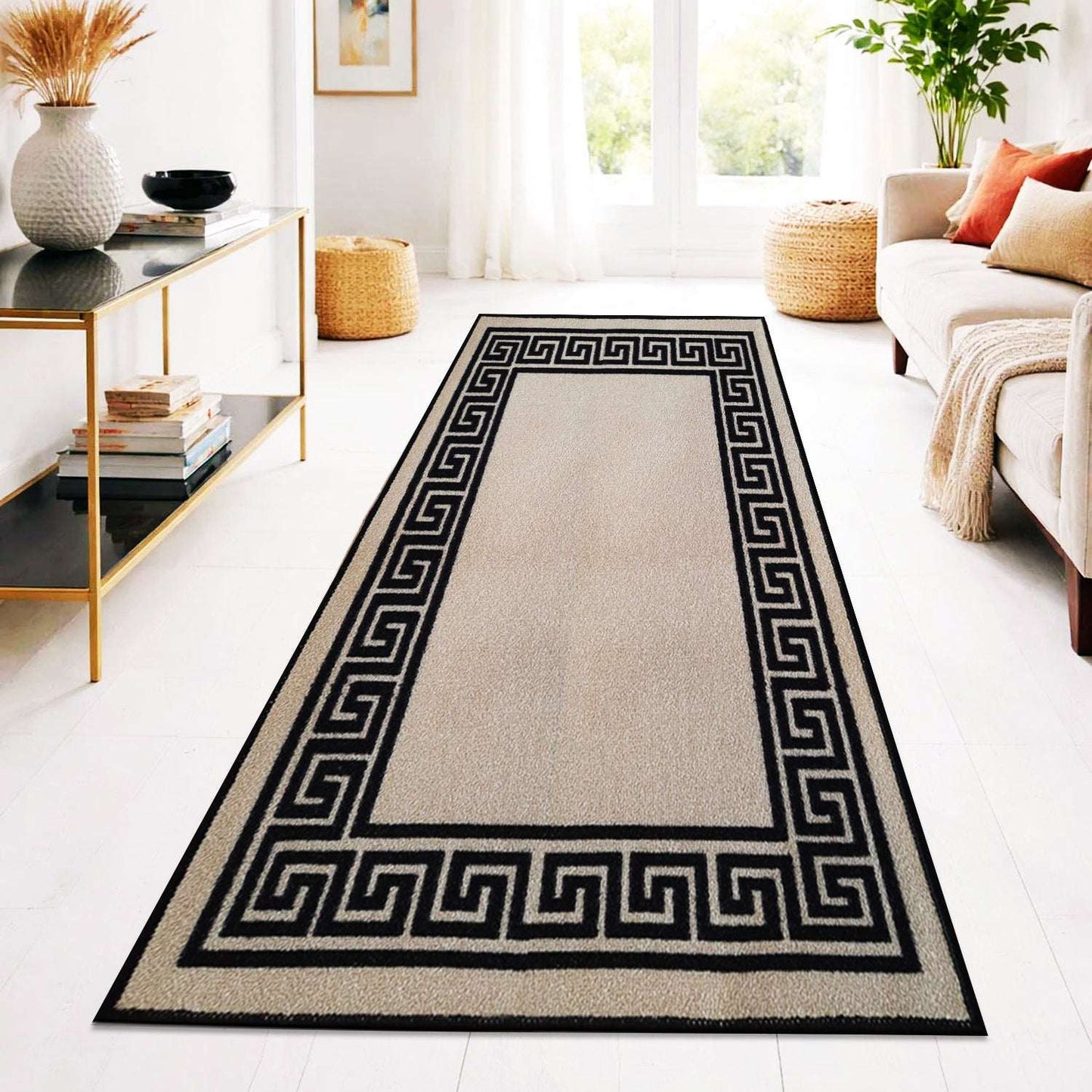 Non Slip Rubber Door Mat UK | Indoor Outdoor Heavy Duty Entrance Mat | Design 0071 40 x 60 cm (1 ft 3 in x 2 ft) Green Cream - Greekey