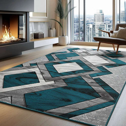 Non Slip Hallway Runner Rug UK | Long Kitchen Carpet Runner Mat | Design 0099 50 x 80 cm Teal - Dazzling Diamond Rug