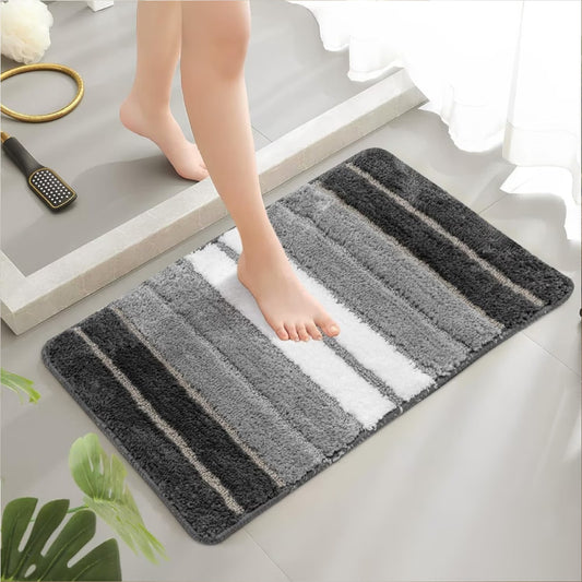 Non Slip Bath Mat UK | Soft Water Absorbent Bathroom Rug | Design 0076 50 cm x 80 cm (1 ft 8 in x 2 ft 4 in) Green - Stripe Gel Back Mat