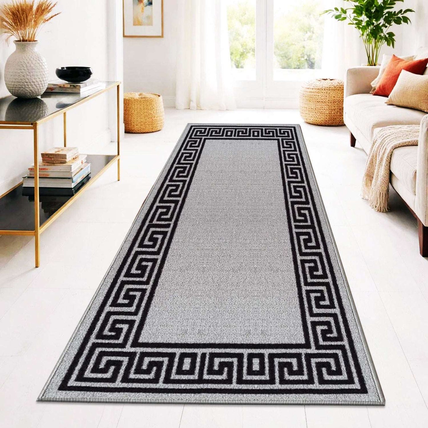 Non Slip Rubber Door Mat UK | Indoor Outdoor Heavy Duty Entrance Mat | Design 0071 40 x 60 cm (1 ft 3 in x 2 ft) Black White - Greekey