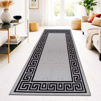 Non Slip Rubber Door Mat UK | Indoor Outdoor Heavy Duty Entrance Mat | Design 0071 40 x 60 cm (1 ft 3 in x 2 ft) Black White - Greekey