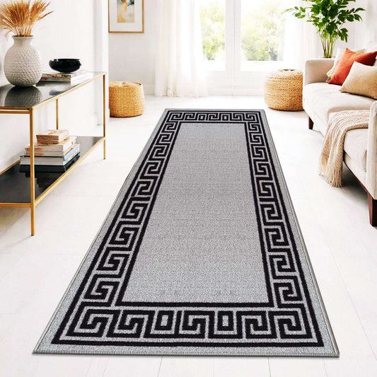 Non Slip Rubber Door Mat UK | Indoor Outdoor Heavy Duty Entrance Mat | Design 0071 40 x 60 cm (1 ft 3 in x 2 ft) Black White - Greekey