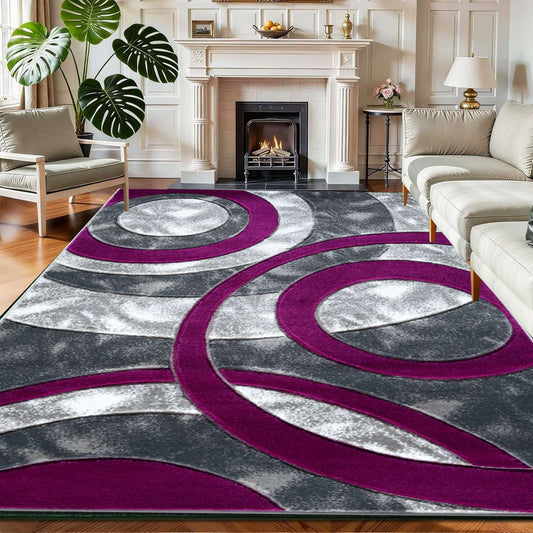 Non Slip Hallway Runner Rug UK | Long Kitchen Carpet Runner Mat | Design 0117 120 x 170 cm Purple - Retro Circle