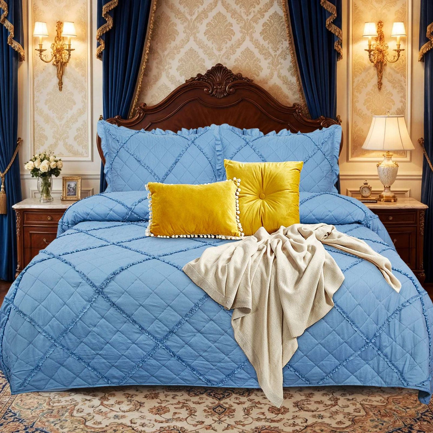 Luxury Embossed Bedspread UK | Bedding Throw for Double King Super King | Design 0125 Single Blue Bedspread - Raffle