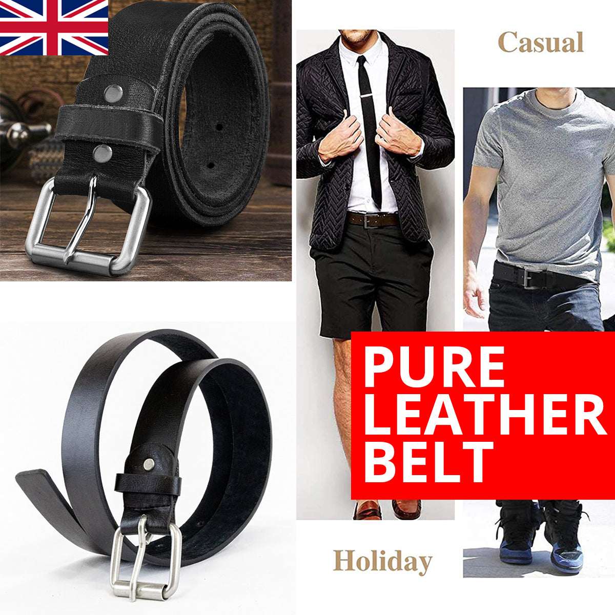 Mens Leather Belts Genuine Pure Leather Black Brown Trouser Jeans Belt Buckle L (36 - 40) Black Roller 1.5