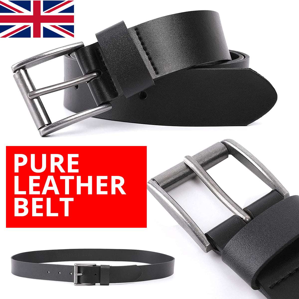 Mens Leather Belts Genuine Pure Leather Black Brown Trouser Jeans Belt Buckle L (36 - 40) Brown Roller 1.5