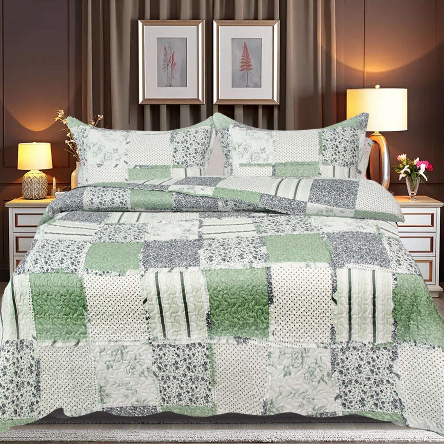 Patchwork Quilted Bedspread Set - Olive Des 1