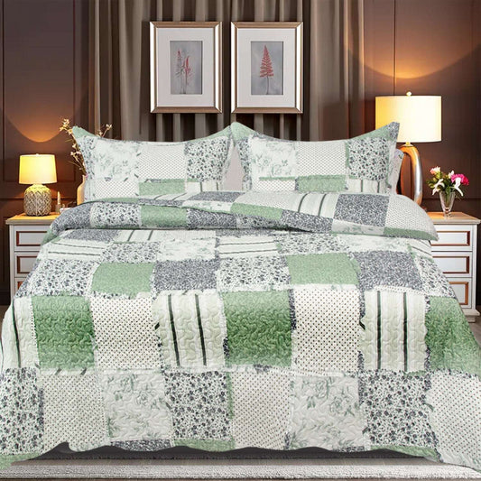 Patchwork Quilted Bedspread Set - Olive Des 1