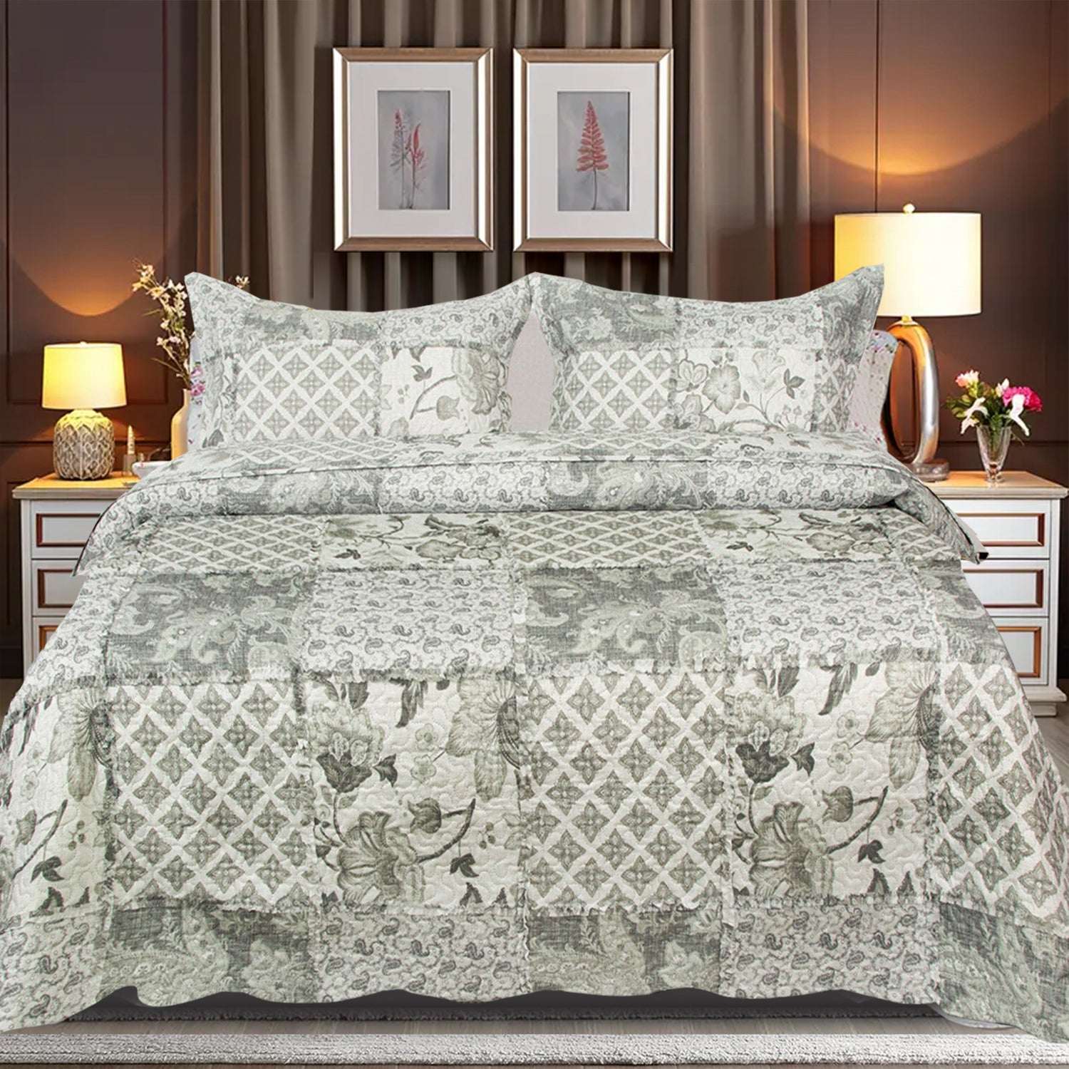 Patchwork Quilted Bedspread Set - Monochrome Geo Des 2