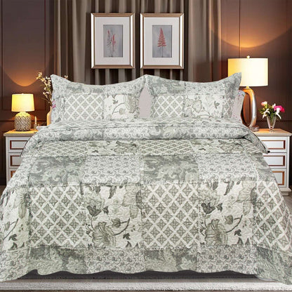 Patchwork Quilted Bedspread Set - Monochrome Geo Des 2