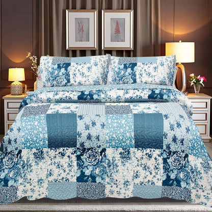 Patchwork Quilted Bedspread Set - Ice Blue Des 6