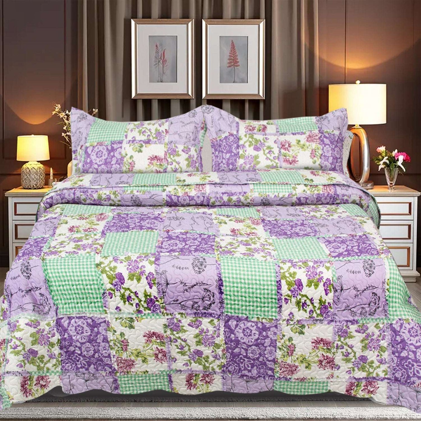 Patchwork Quilted Bedspread Set - Rose Des 4