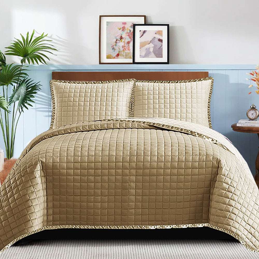 Embossed Quilted Bed Throw Set - Beige
