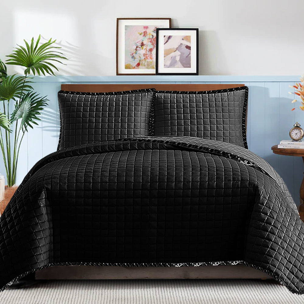 Embossed Quilted Bed Throw Set - Black