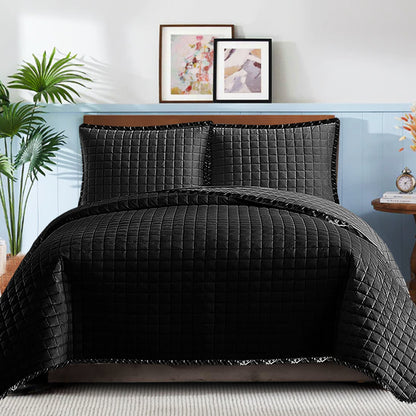 Embossed Quilted Bed Throw Set - Black