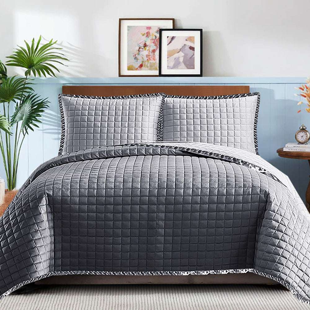 Embossed Quilted Bed Throw Set - Grey