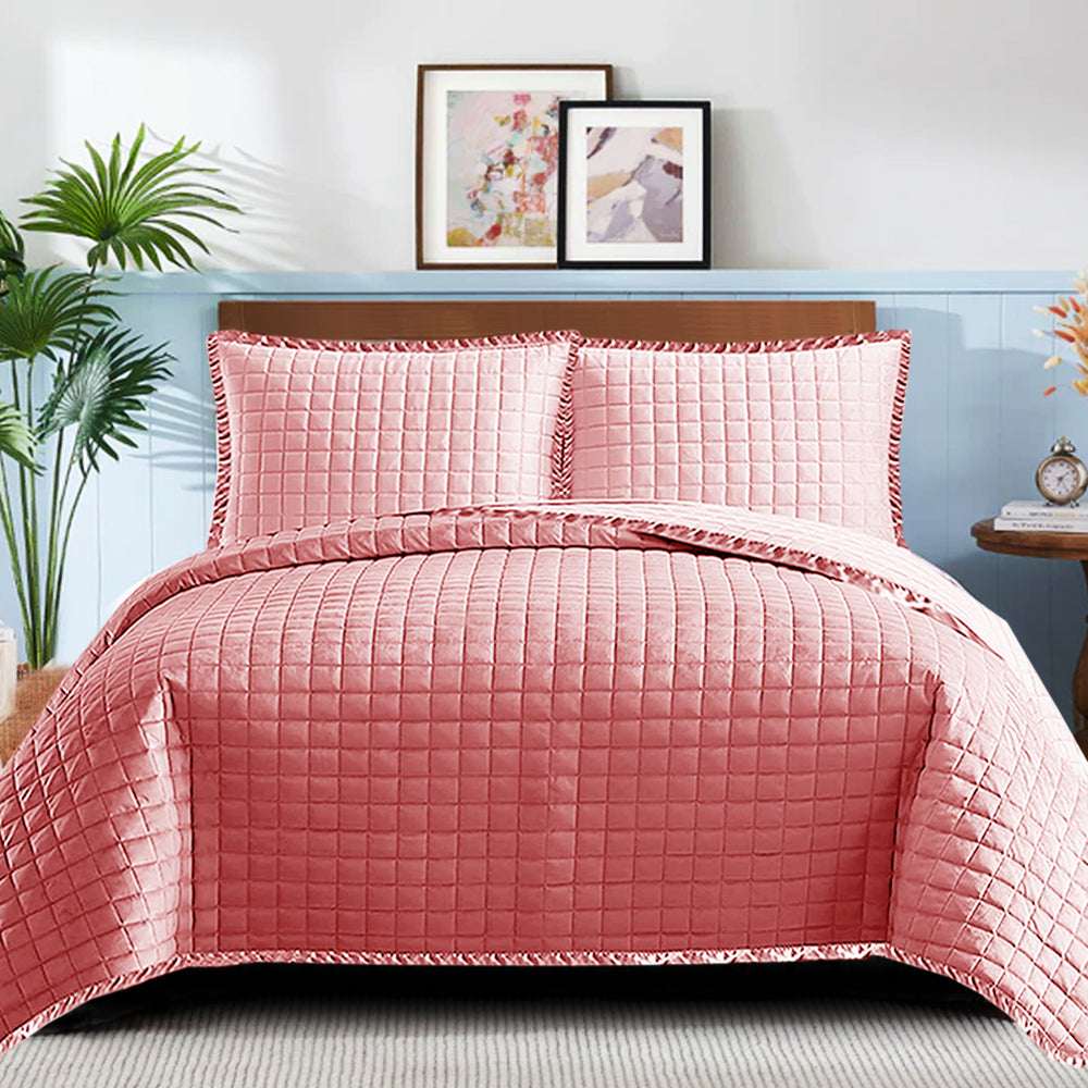 Embossed Quilted Bed Throw Set - Pink