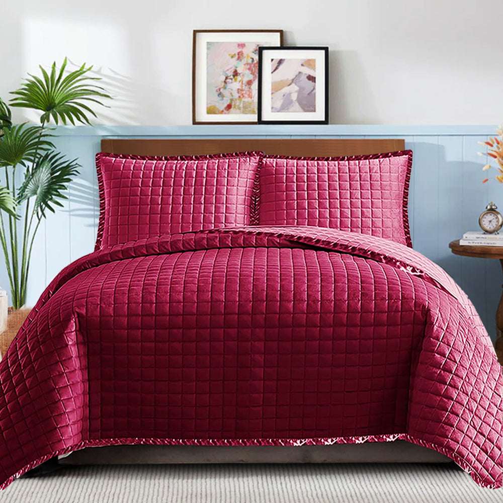 Embossed Quilted Bed Throw Set - Red