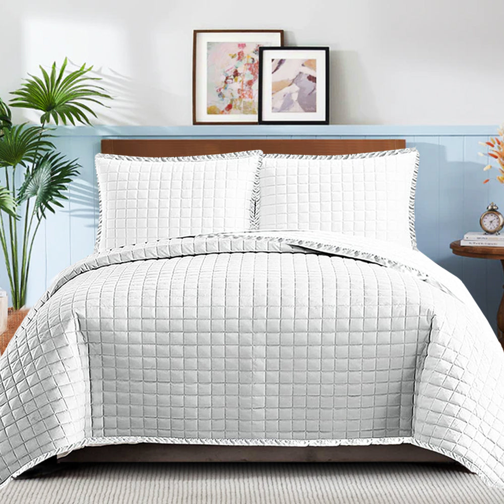 Embossed Quilted Bed Throw Set - White