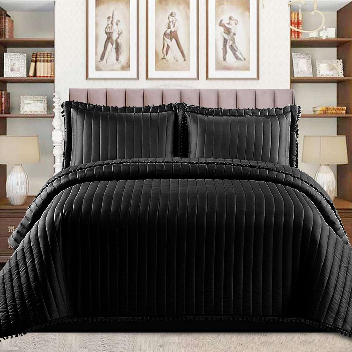 Quilted Comforter and Bedspread Set - Black