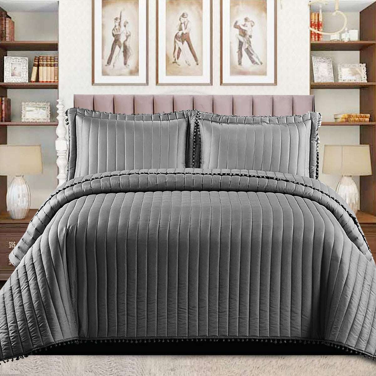 Quilted Comforter and Bedspread Set - Black