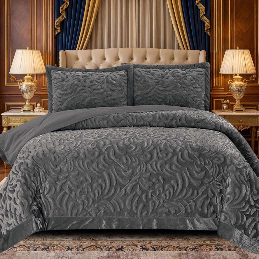 Luxury Embossed Bedspread UK | Bedding Throw for Double King Super King | Design 0089 Double Grey - Teddy Fleece Bedspread
