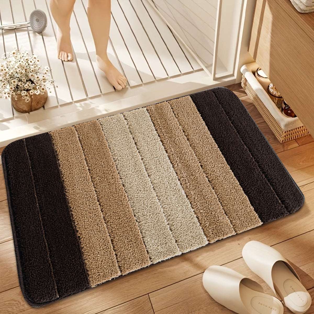 Non Slip Bath Mat UK | Soft Water Absorbent Bathroom Rug | Design 0076 50 cm x 80 cm (1 ft 8 in x 2 ft 4 in) Black - Stripe Gel Back Mat