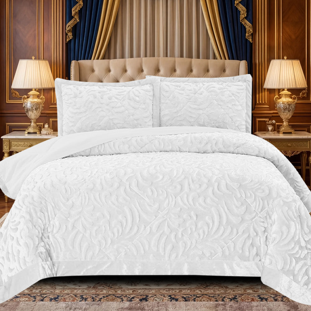 Luxury Embossed Bedspread UK | Bedding Throw for Double King Super King | Design 0089 Double White - Teddy Fleece Bedspread