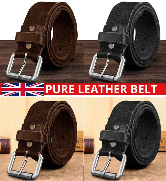 Mens Leather Belts Genuine Pure Leather Black Brown Trouser Jeans Belt Buckle S (28 - 32) Black Roller 1.5
